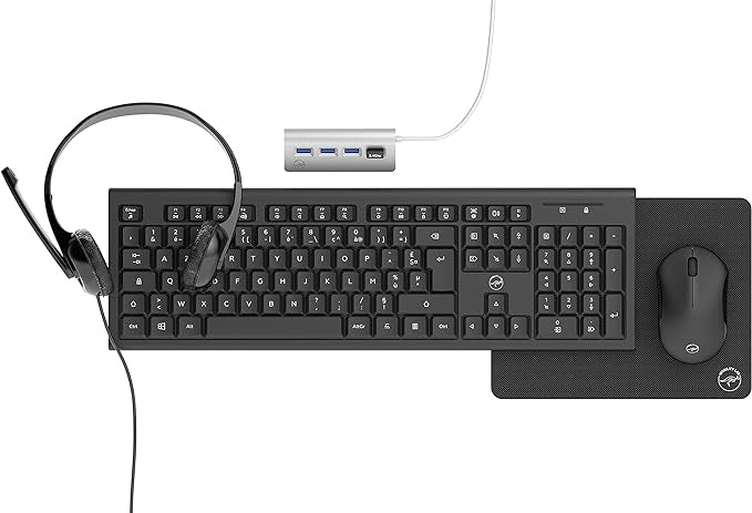 Pack Clavier AZERTY sans Fil, Souris, Tapis de Souris, HUB 4 Ports USB, Casque-Micro