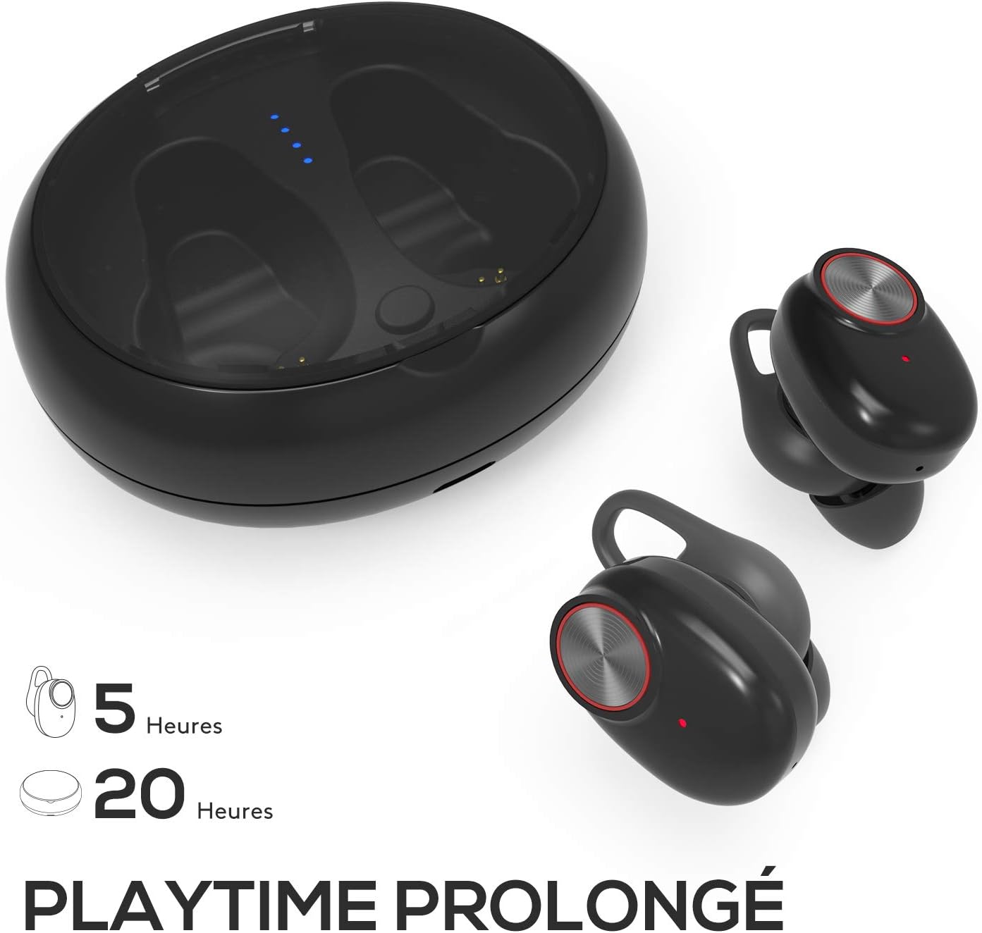 UTRAI Ecouteur Bluetooth V5.0 Oreillette sans Fil Léger HiFi Stéréo TWS 500mAh Appariement Automatique 20H Play Étanche IPX5 Anti-Bruit CVC 6.0 Microphone HD Confortable Haute Fidélité iOS Android