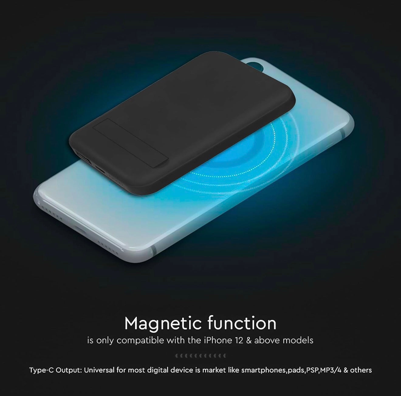 V-TAC Power Bank Magnétique Compatible avec MagSafe - 10 000 mAh - Charge Rapide PD 20 W - Batterie Externe pour Apple iPhone 12/13/14/15/Mini/Pro/Max - Noir
