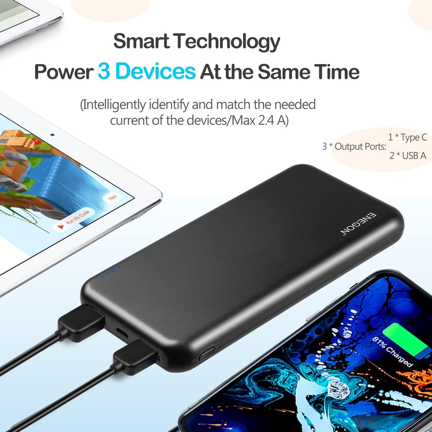 ENEGON 2-Pack Batterie Externe Power Bank 10000mAh, Chargeur Portable de Téléphone avec USB C en Entrée et Sortie pour iPhone14 13 12 11 X XR iPad Galaxy S9 Tablettes et Plus (Noir x 2)