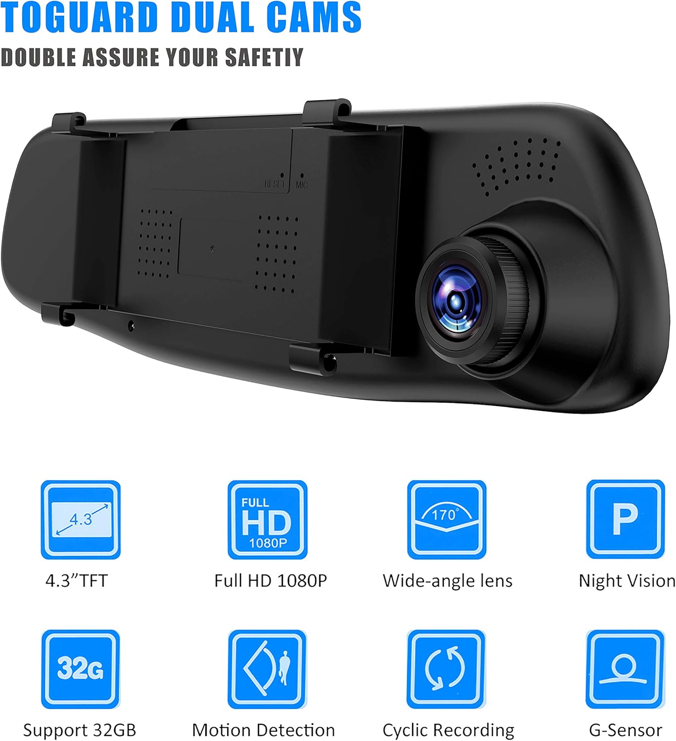 Dash cam 4.3 "1080p à Double Objectif Voiture Auto DVR Miroir Dash Cam enregistreur + Kit caméra de Vue arrière