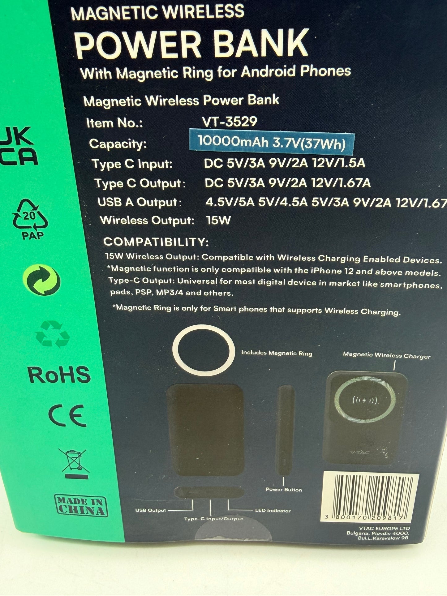 V-TAC Power Bank Magnétique Compatible avec MagSafe - 10 000 mAh - Charge Rapide PD 20 W - Batterie Externe pour Apple iPhone 12/13/14/15/Mini/Pro/Max - Noir