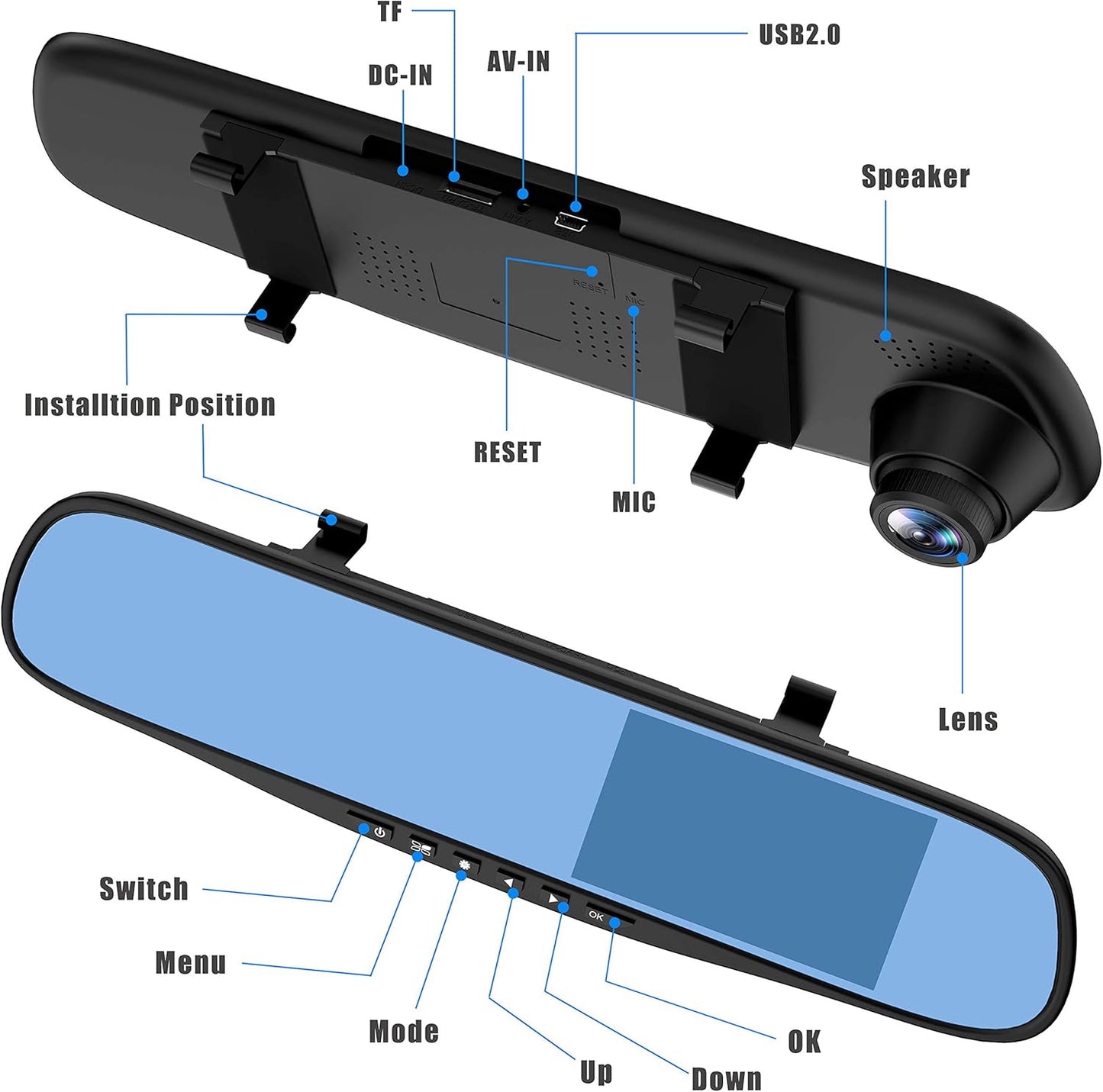 Dash cam 4.3 "1080p à Double Objectif Voiture Auto DVR Miroir Dash Cam enregistreur + Kit caméra de Vue arrière