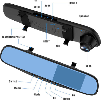 Dash cam 4.3 "1080p à Double Objectif Voiture Auto DVR Miroir Dash Cam enregistreur + Kit caméra de Vue arrière