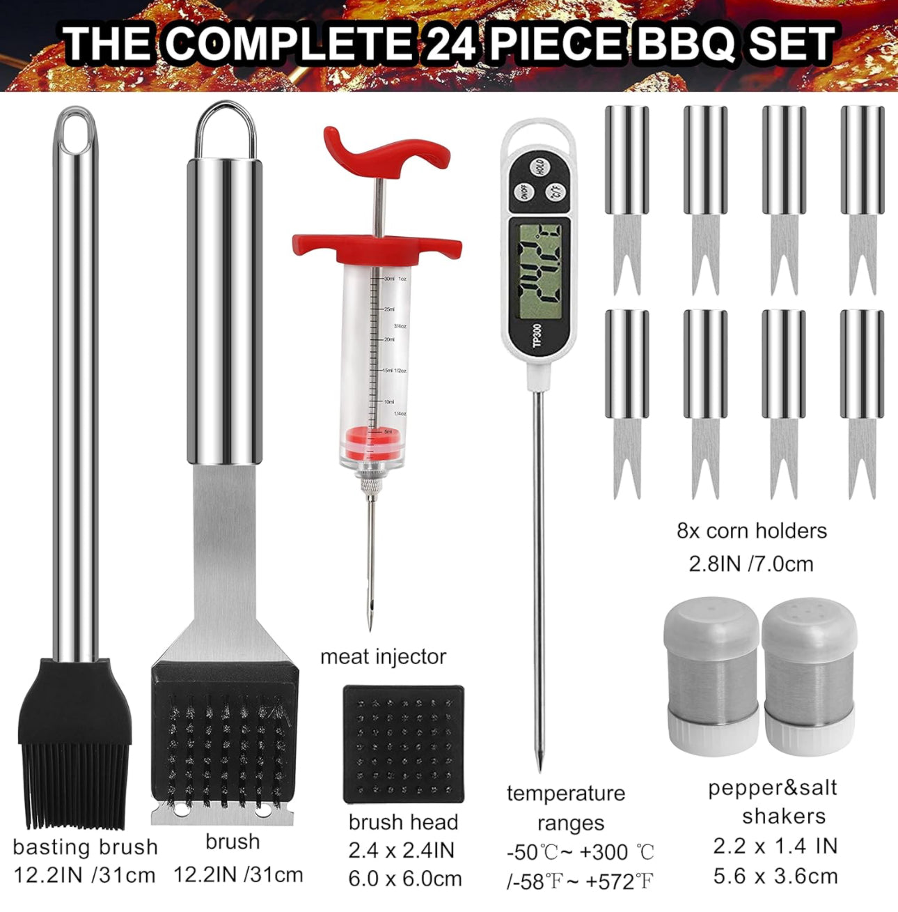 Set Barbecue, 25pcs Barbecue Accessoire avec Résistant à la Chaleur dans Le Cas, Premium Complète Kit Barbecue - Ustensiles Barbecue pour Homme