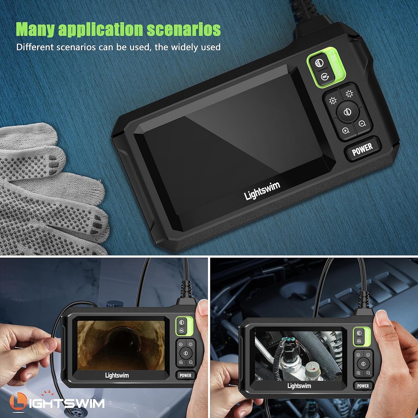 Endoscope Industriel HD 1920p, Endoscope numérique étanche 4,3" écran LCD caméra d'inspection Serpent avec 8 lumières LED, câble Semi-Rigide de 5 m