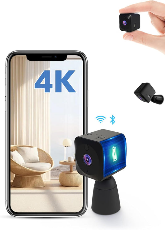 Camera Espion,WiFi（2.4GHz） 4K HD Mini Caméra de Surveillance Interieur/Extérieur sans Fil avec Enregistrement Distance Discrete Mini Détection Mouvement/Vision Nocturne/Longue Batteries