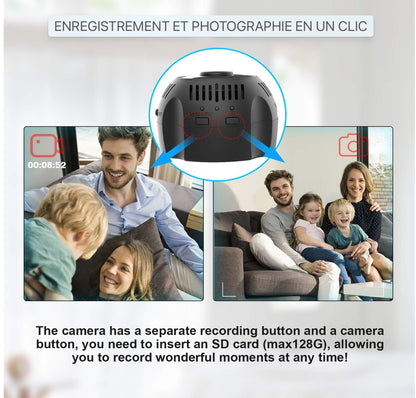 Mini Caméra WiFi, Caméra de sécurité WiFi HD 1080P avec détection de mouvement de vision nocturne 160° grand angle prend en charge la carte SD de 128 Go