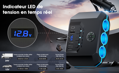 Multiprise Allume Cigare 240W Allume Cigare USB avec Voltmètre LED et Interrupteur,3 Prise Chargeur Allume Cigare USB Rapide,12V/24V Chargeur Voiture USB C pour Voyage Famille