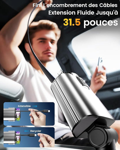 Chargeur 5 en 1 Chargeur Allume Cigare Voiture USB C [Cadeau Fete des Peres & Idee Cadeau Homme Papa Femme] Rétractable Chargeur Voiture avec aromathérapie Voyage Camping Car Accessoires pour iPhone Android
