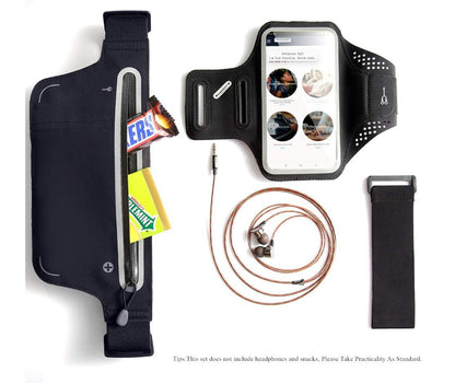 Ensemble de bracelet de sac de hanche de sport, ensemble de sac de course de sport et de bracelet pour smartphones ceinture de course de jogging, sac banane femme homme, avec porte-clé, trou pour casque et bande d'extension - Noir