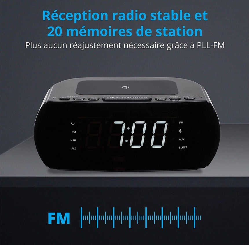 Radio-réveil avec Station de Charge sans Fil, Qi Pad de Charge Rapide iPhone Samsung, Bluetooth