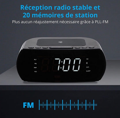 Radio-réveil avec Station de Charge sans Fil, Qi Pad de Charge Rapide iPhone Samsung, Bluetooth