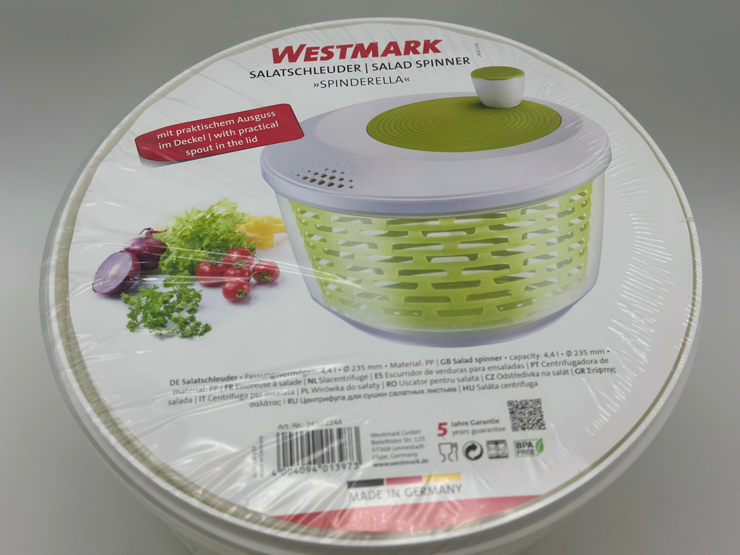 Westmark Essoreuse à Salade, Capacité : 4,4 L, ø 23,5 cm, Plastique, Sans BPA, Spinderella, Couleur: Transparent/Blanc/Vert