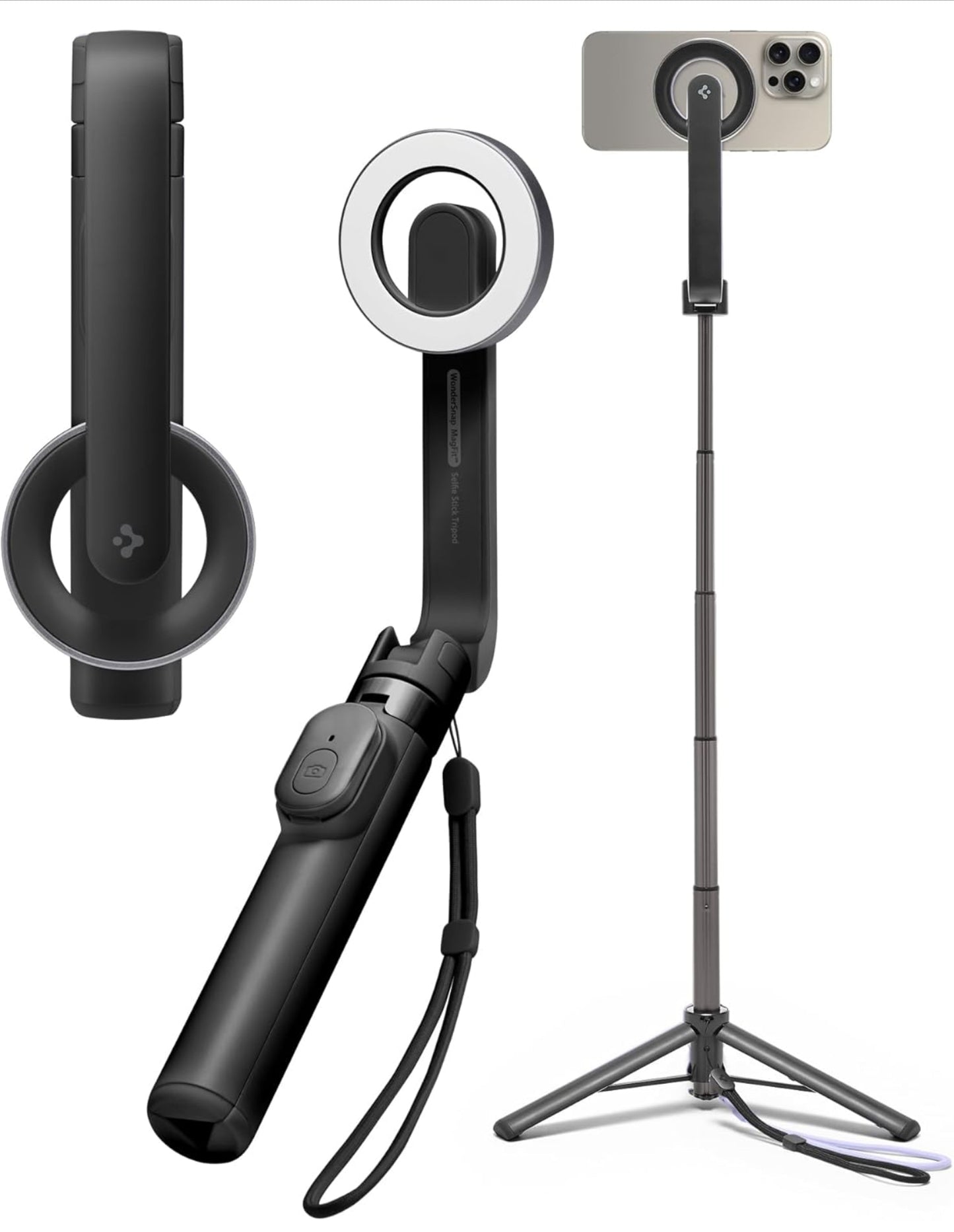 Spigen Perche à Selfie Wondersnap MagFit Trépied Smartphone Bâton Selfie Portable Télescopique pour iPhone, Galaxy, Pixel, Xiaomi, Huawei, GoPro - Noir
