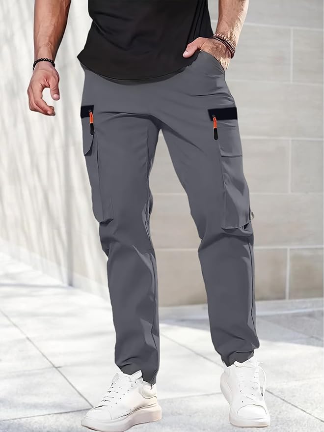 Pantalon cargo pour homme avec taille élastique et cordon de serrage - Pantalon décontracté pour randonnée, escalade, pêche avec poches