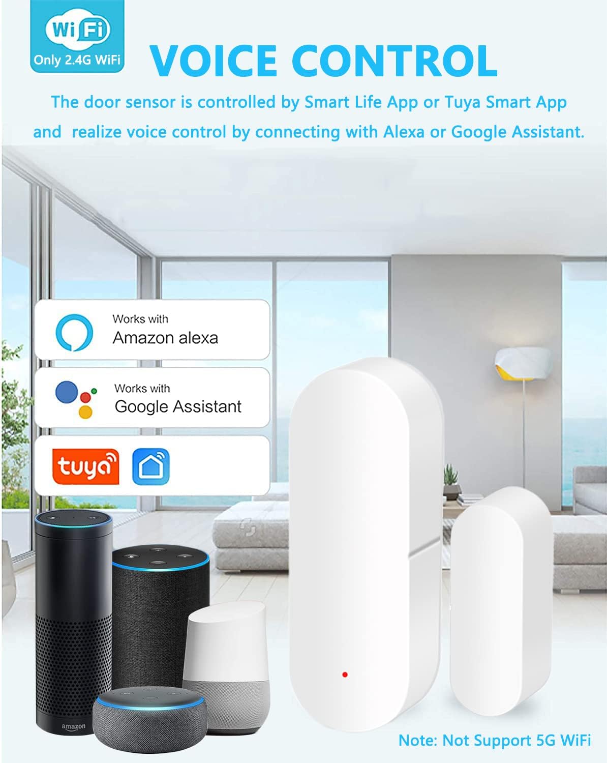 Capteur de Porte WiFi Capteur de Contact Intelligent pour fenêtre Alarme sans Fil Compatible avec Alexa et Google Assistant Pas Besoin de hub 1 Pack