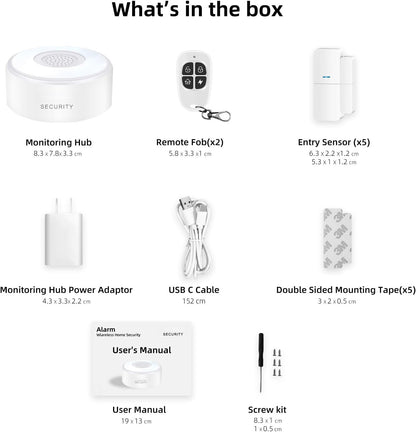 Alarme Maison sans Fil Intelligent WiFi - Alarme de Porte, 1 Alarme avec Sirène, 5 Capteurs de Fenêtre et de Porte, 2 Télécommande, Compatible avec Alexa, Google Assistant