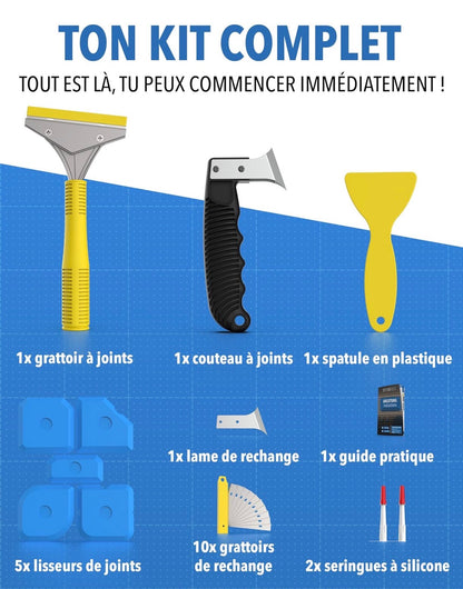 Kit complet de 23 outils pour enlever et lisser le silicone – Grattoir, couteau à joint, spatule et lisseurs – Ensemble pour joints silicone dans salle de bain, cuisine, carrelage et fenêtres