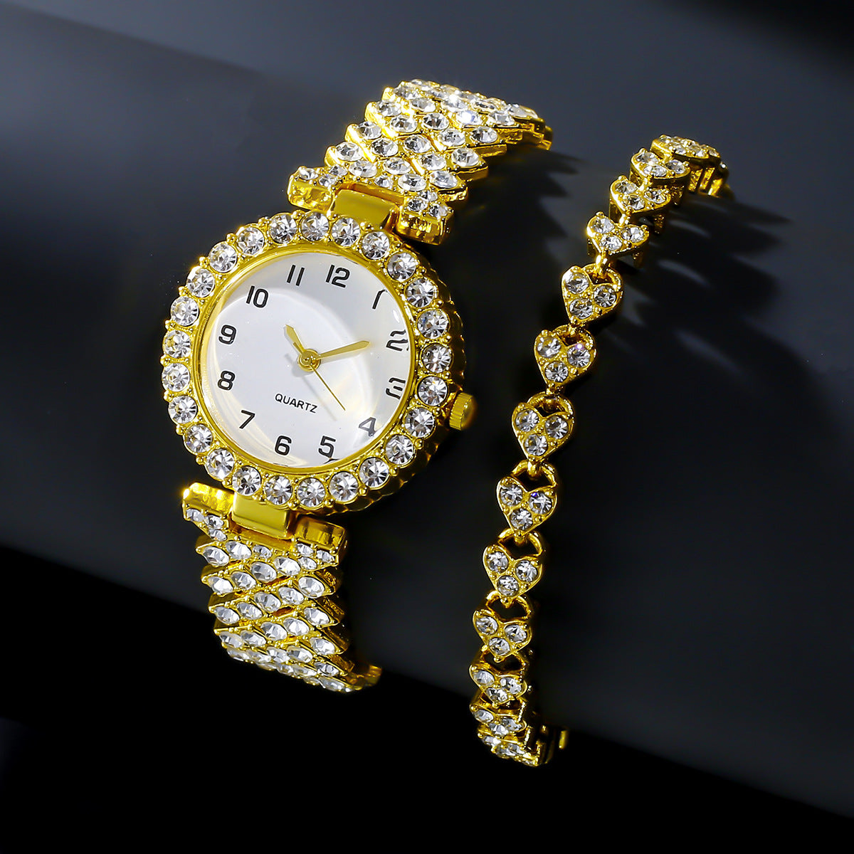 Ensemble "Luxury-Glow" – Montre Bijou à Quartz & Bracelet Cœurs Sertis de Cristaux