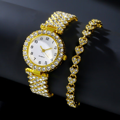Ensemble "Luxury-Glow" – Montre Bijou à Quartz & Bracelet Cœurs Sertis de Cristaux