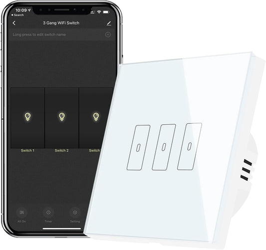 Interrupteur WiFi Alexa Sans Fil Tactile, Commutateur de 3 Canaux Connecté Intelligent, Commande à Distance Par Téléphone, Relais Compatible avec Google Home
