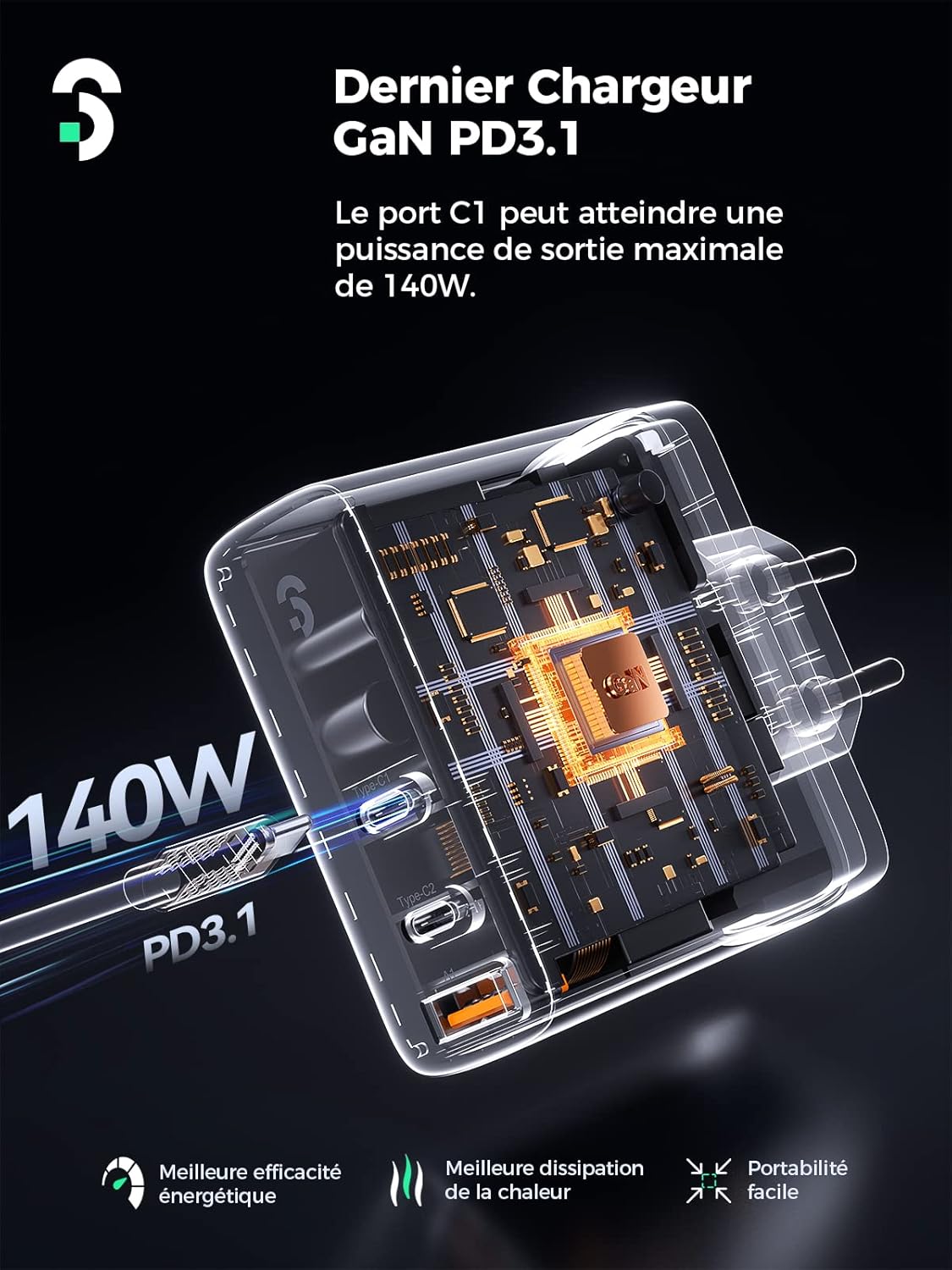 140W GaN Chargeur USB C - SOOMFON PD 3.1 Laptop Chargeur Rapide 3 Ports, Compatible avec MacBook Pro 16″/Air, iPad Pro, iPhone 14/13/12 Pro Max, Galaxy S22/S21, Pixel, Xiaomi et Plus Encore