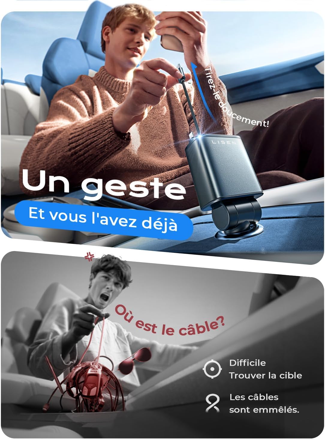 Chargeur Voiture USB C 69W 4 en 1 Rétractable[Câble Magique & Rebond Instantané] Chargeur Allume Cigare Voyage Camping Car Accessoires, Cadeau Maman Papa Cadeau Fête Des Meres pour iPhone 16 15