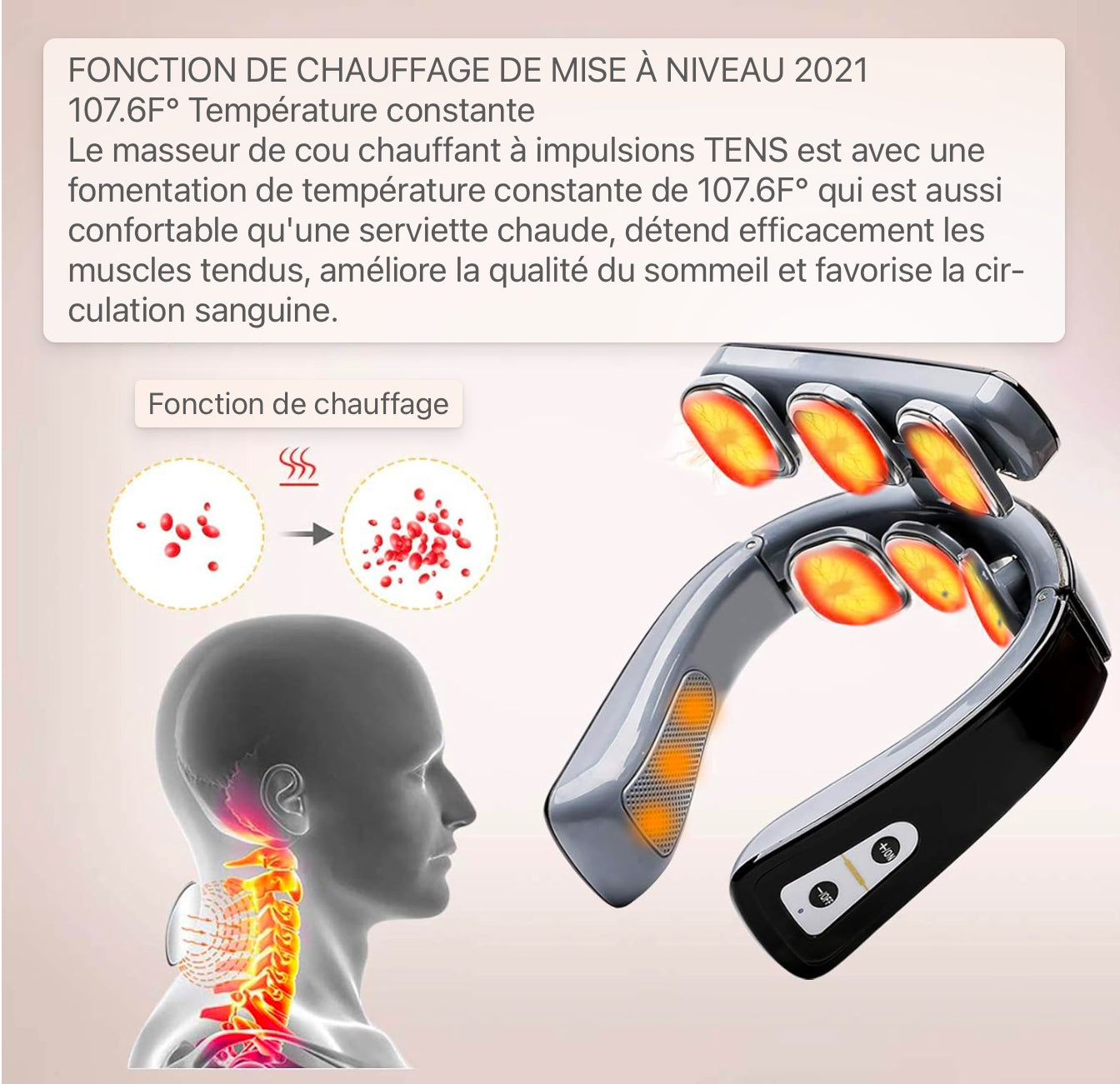 Masseur de cou, masseur de cou intelligent avec fonction de chaleur, masseur de dos à impulsion électrique, soulagement de la douleur au cou et à l'épaule, pour la maison, le bureau, les voyages