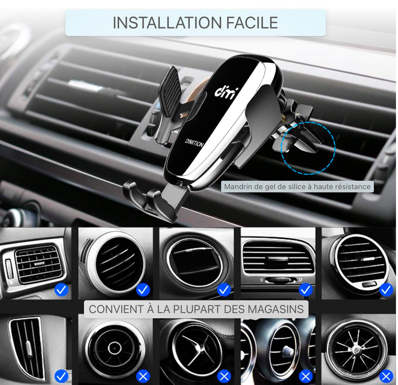 Support de téléphone portable Voiture avec fonction de chargeur, induction Qi 10w Chargeur sans fil Support de téléphone portable de voiture Kit de mise à niveau Chargeur de voiture avec 2 clips de ventilation Charge rapide pour iPhone 11/11 Pro Max/SE/Sa