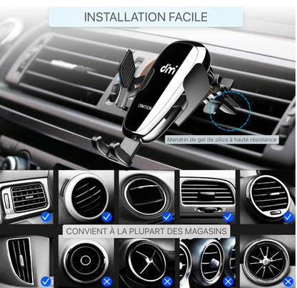 Support de téléphone portable Voiture avec fonction de chargeur, induction Qi 10w Chargeur sans fil Support de téléphone portable de voiture Kit de mise à niveau Chargeur de voiture avec 2 clips de ventilation Charge rapide pour iPhone 11/11 Pro Max/SE/Sa