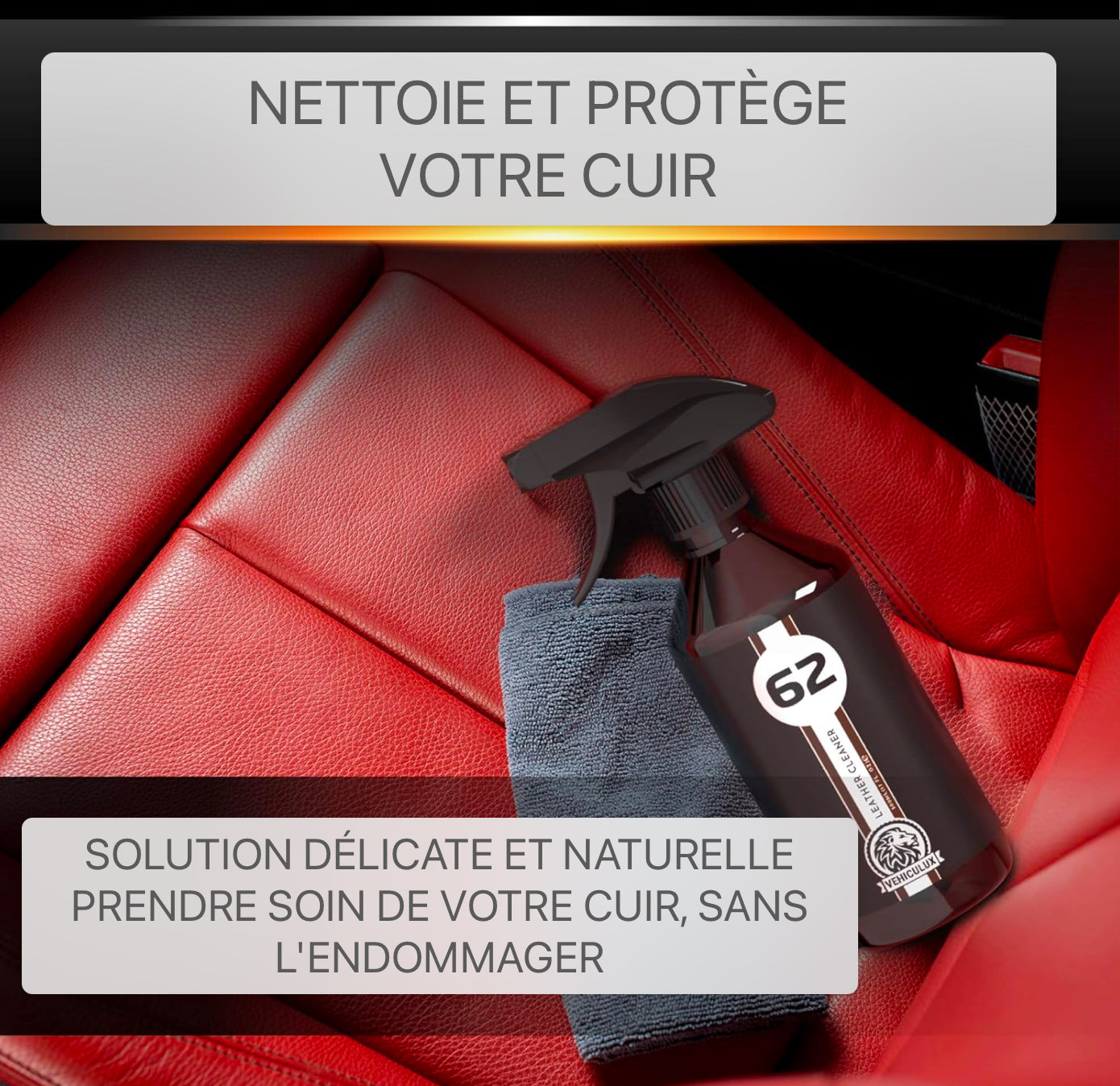 Nettoyant pour voiture pour l'entretien du cuir VEHICULUX pour des sièges en cuir propres - en tant qu'entretien du cuir pour voiture, il assure un nettoyage complet et fiable du cuir, produit d'entretien du cuir pour voiture, nettoyage du cuir pour voitu
