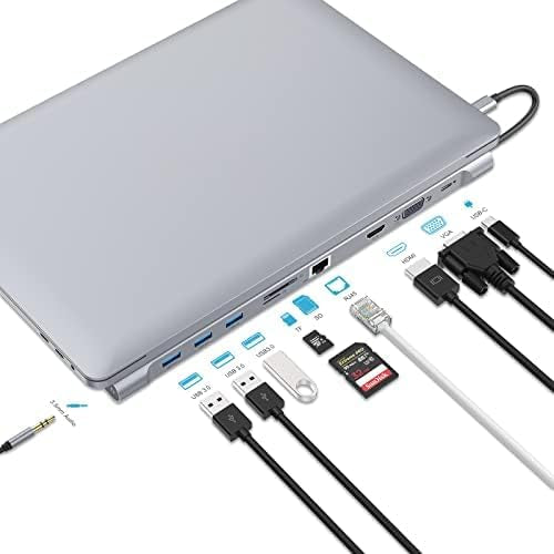 Station d'accueil USB C Docking Station, 10 en 1 Triple Display USB C Hub Dual Monitor mit 4K HDMI, VGA, 3xUSB 3.0, PD 100W, Ethernet, SD/TF Slots, Laptop-Dockingstation für MacBook und Windows