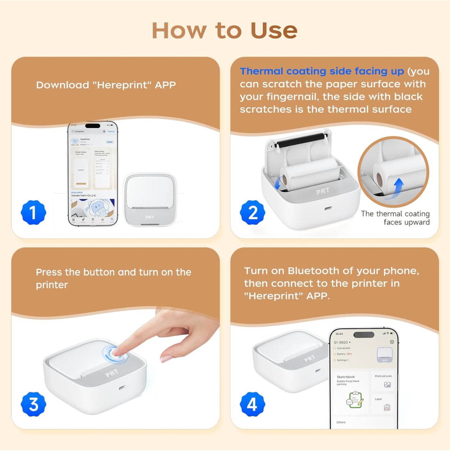 PRT Mini imprimante - Imprimante Thermique Portable sans Encre - Imprimante de Poche Bluetooth - Imprimante de téléphone pour étude, Graphiques, Photos