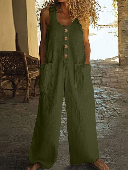 Combinaison d'été à jambes larges en coton-lin de style européen pour femmes, le haut sans manches, poches boutonnées, coupe décontractée, pantalon à bretelles décontractées.