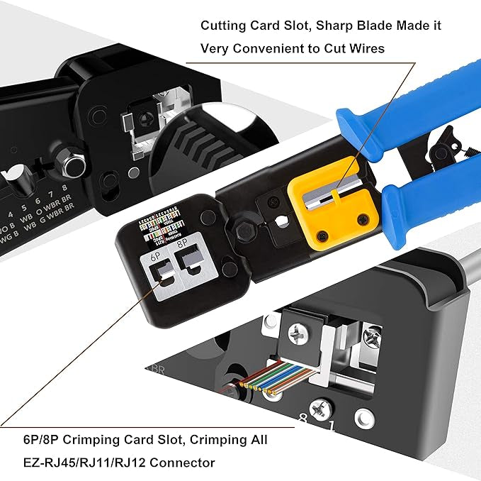 Pince à sertir RJ45, outils de réseau professionnels, entretien de l'ordinateur, kit LAN testeur de connexion, connecteurs RJ11/RJ12 réguliers et passants (Bleu)