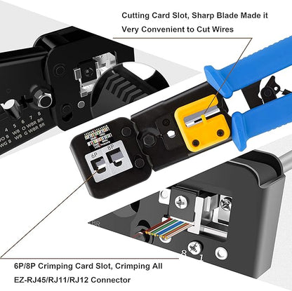 Pince à sertir RJ45, outils de réseau professionnels, entretien de l'ordinateur, kit LAN testeur de connexion, connecteurs RJ11/RJ12 réguliers et passants (Bleu)
