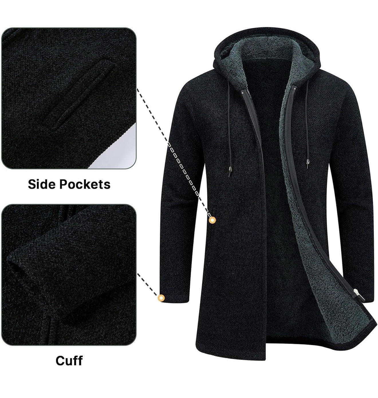 Cardigan Homme Long à Capuche Zippé Pull Veste en Maille Homme Hoodie Épais et Décontractée Chandail Homme Sweats à Capuche Homme