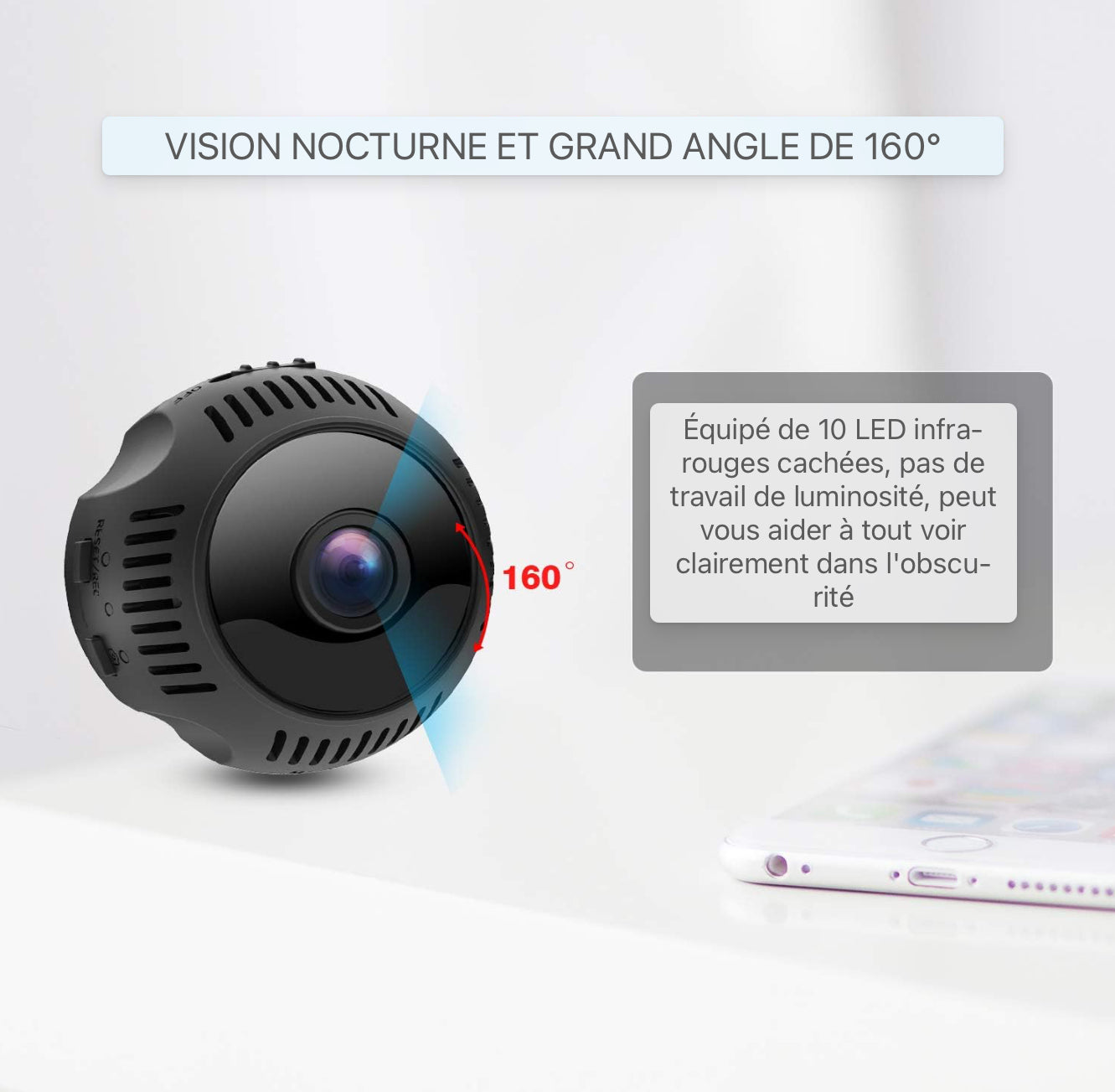 Mini Caméra WiFi, Caméra de sécurité WiFi HD 1080P avec détection de mouvement de vision nocturne 160° grand angle prend en charge la carte SD de 128 Go