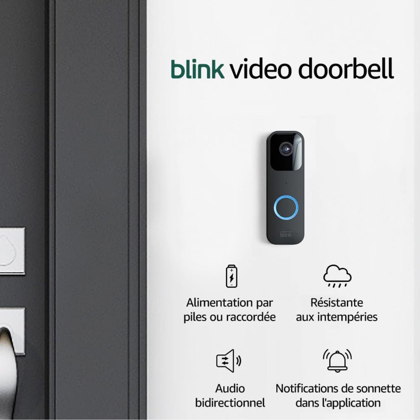 Blink Sonnette Vidéo | Système audio bidirectionnel, vidéo HD, longue autonomie, détection de mouvements, notifications de sonnette dans l'application, fonctionne avec Alexa | Noir