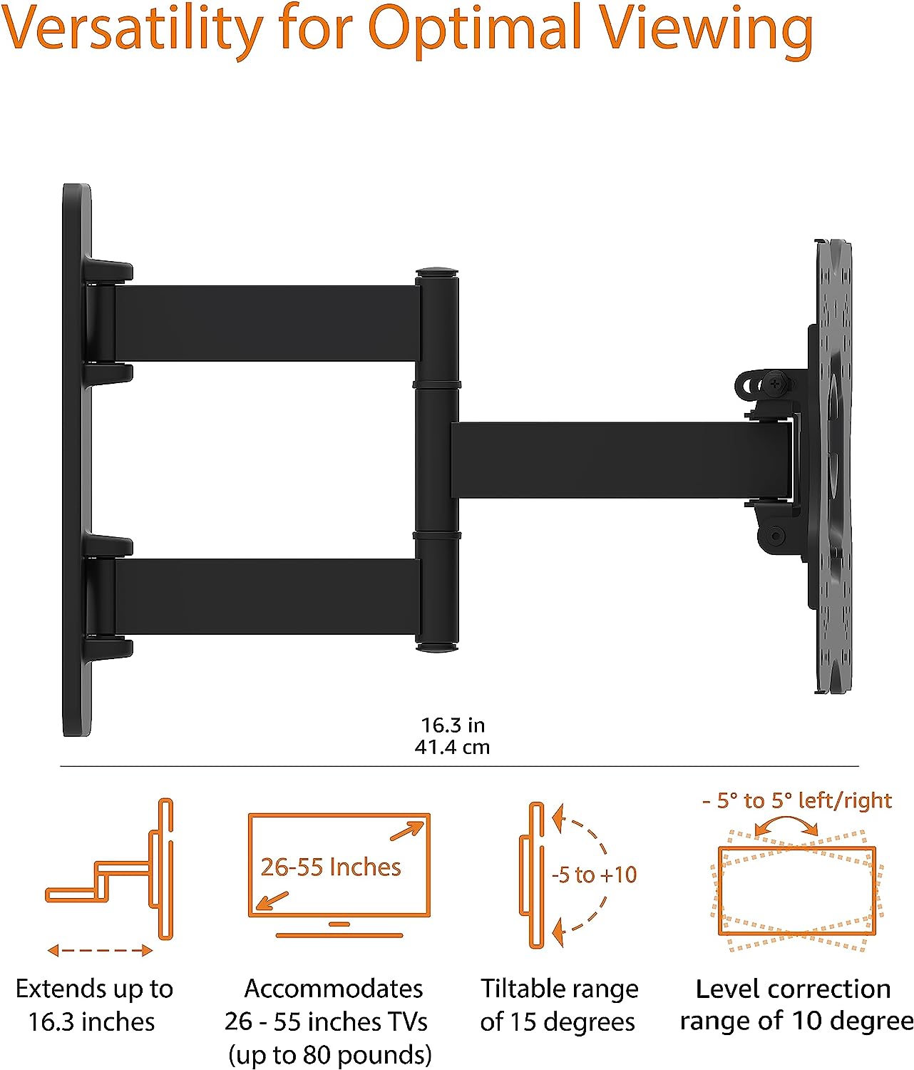 Support mural articulé pour télévision 22" à 55", orientable/inclinable Noir neuf