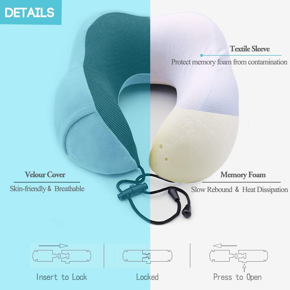 Oreiller de Voyage | U-Oreiller Cervical en Mousse à Mémoire | Couverture du Coussin Voyage Ergonomique Cou Oreiller 360°Tête et Cou Support Parfait- Bouchons d'oreilles, Masque et Sac
