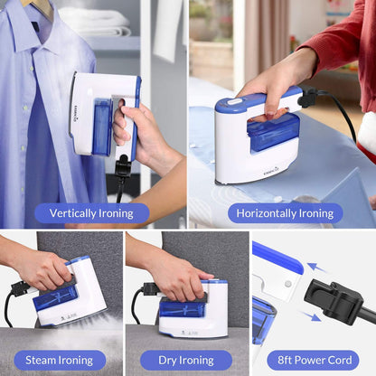 Fer à Repasser Défroisseur Vapeur Portable Voyage Electronique avec Fil Amovible Semelle en Céramique Anti-Adhésive Réchauffement Rapide Tissu Texitile - Bleu & Blanc