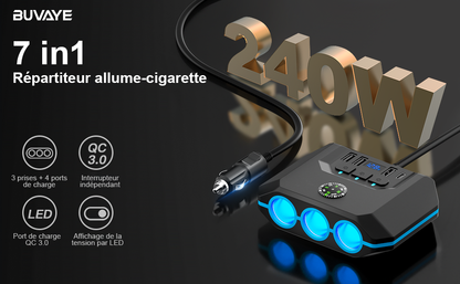 Multiprise Allume Cigare 240W Allume Cigare USB avec Voltmètre LED et Interrupteur,3 Prise Chargeur Allume Cigare USB Rapide,12V/24V Chargeur Voiture USB C pour Voyage Famille