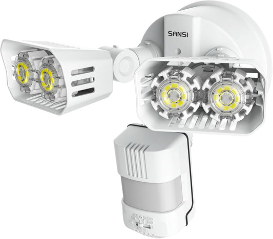 Projecteur LED avec détecteur de mouvement extérieur, lampe d'extérieur à LED 1800LM avec 2 têtes réglables, lumière de sécurité super brillante 5000K, éclairage étanche IP65 pour garage, jardin, blanc [classe énergétique E]