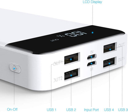 FLOUREON Batterie Externe 20000mAh Power Bank avec L’écran LED Chargeur Portable 2 Ports Entrées 2 Ports Sorties USB pour Téléphone Portable Tablette