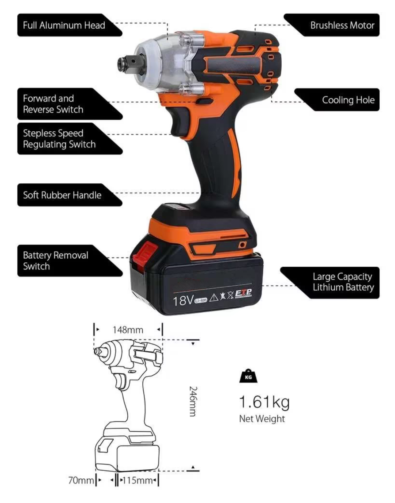 Clé à chocs sans fil brushless 18V, Chargeur, 1 batterie 3.0Ah (Compatible batterie 18V LXT Makita neuve