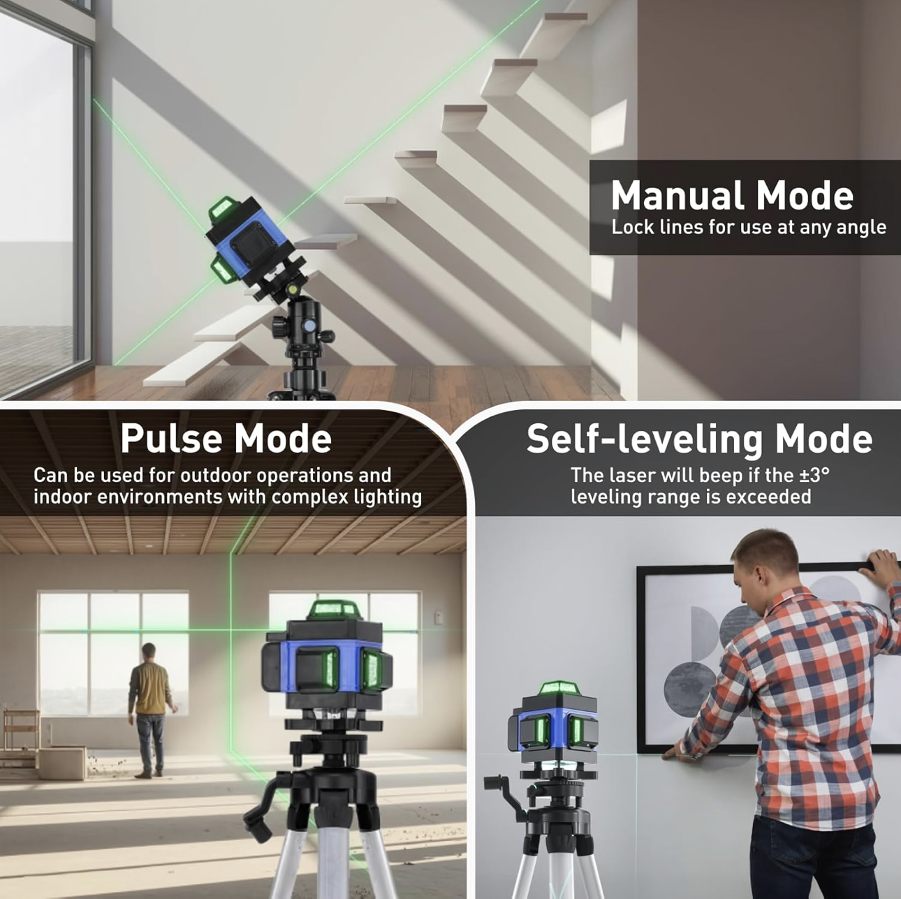 Niveau Laser 360°,Laser Chantier Autonivelant 4d 16 Lignes,Mode Impulsion,avec 2 Piles,Télécommande,Base en Aluminium et Trépied,Étanchéité IP54,pour Construction et Accrochage de tableaux