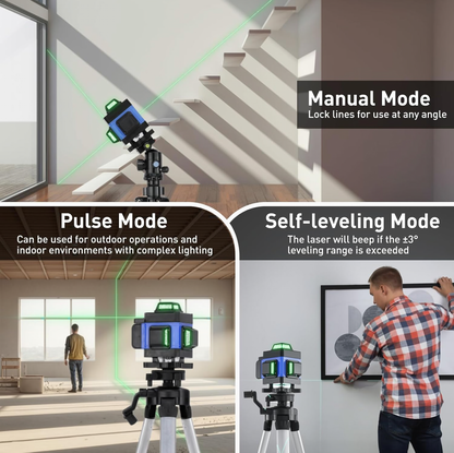 Niveau Laser 360°,Laser Chantier Autonivelant 4d 16 Lignes,Mode Impulsion,avec 2 Piles,Télécommande,Base en Aluminium et Trépied,Étanchéité IP54,pour Construction et Accrochage de tableaux