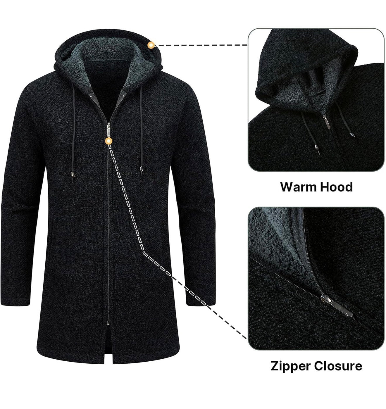 Cardigan Homme Long à Capuche Zippé Pull Veste en Maille Homme Hoodie Épais et Décontractée Chandail Homme Sweats à Capuche Homme